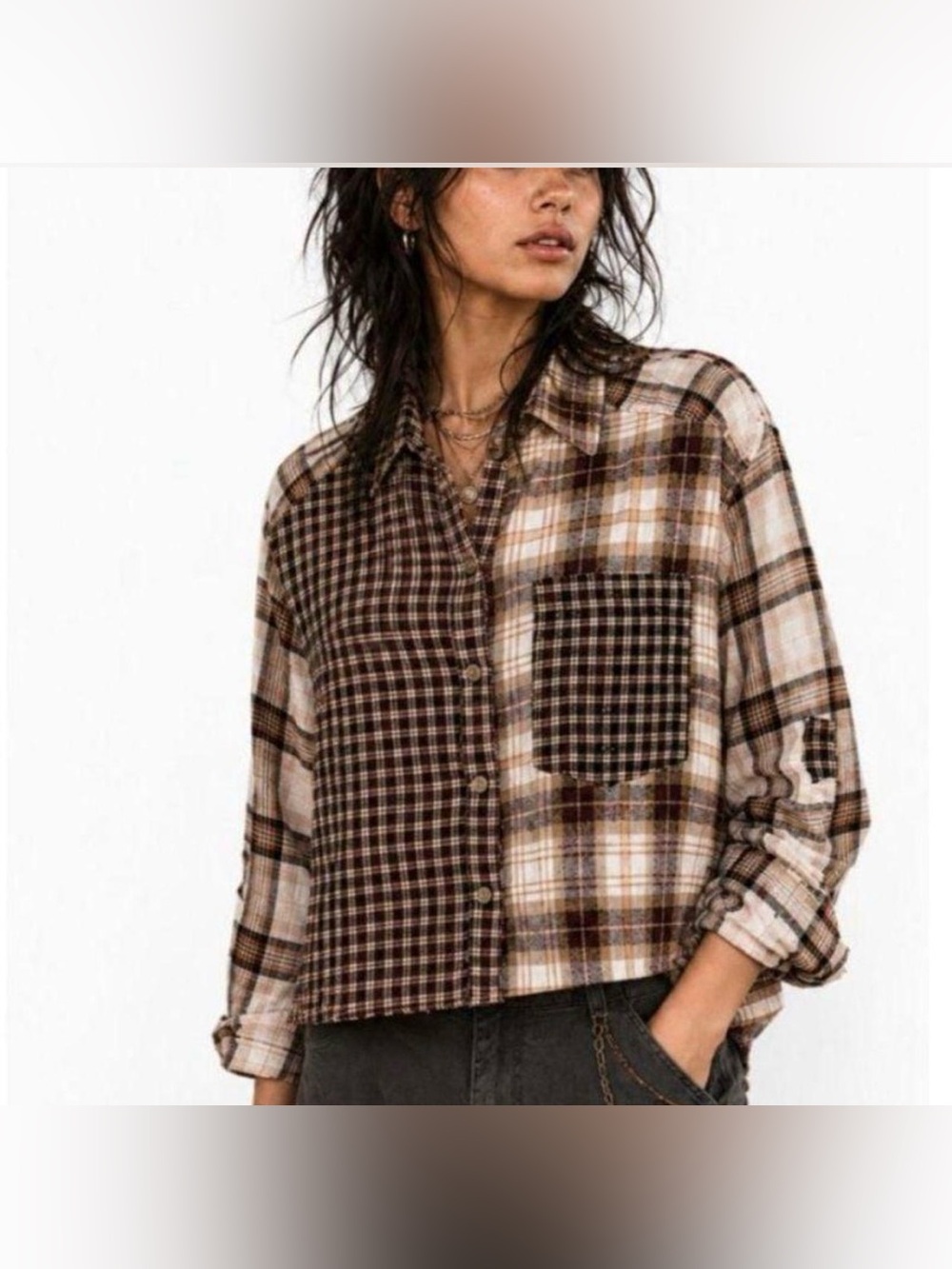 AMERICAN EAGLE BROWN COZY CABIN CROPPED FLANNEL
